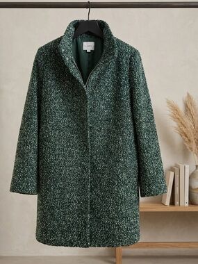LOFT Dark Green Bouclé Zip-Front Pea Coat